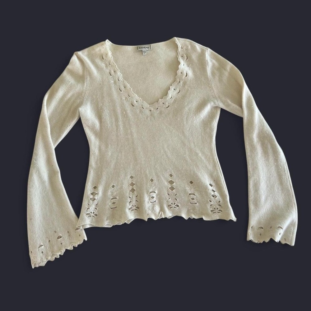 Cream Knit Sweater with Scalloped Edges
